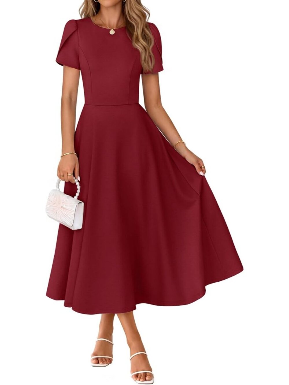 Women's Wine Short Sleeve A Line With Pockets Formal Wedding Guest Midi Dresses
